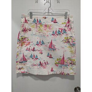 Talbots A-Line Short Skirt 12 White Multi Color Stretch Sailboat Coastal Cruise